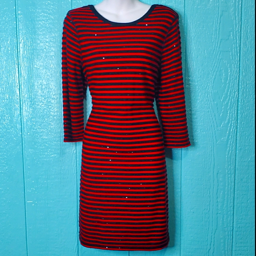♥️ EXPRESS red & black stripe dress sequins stretch size L